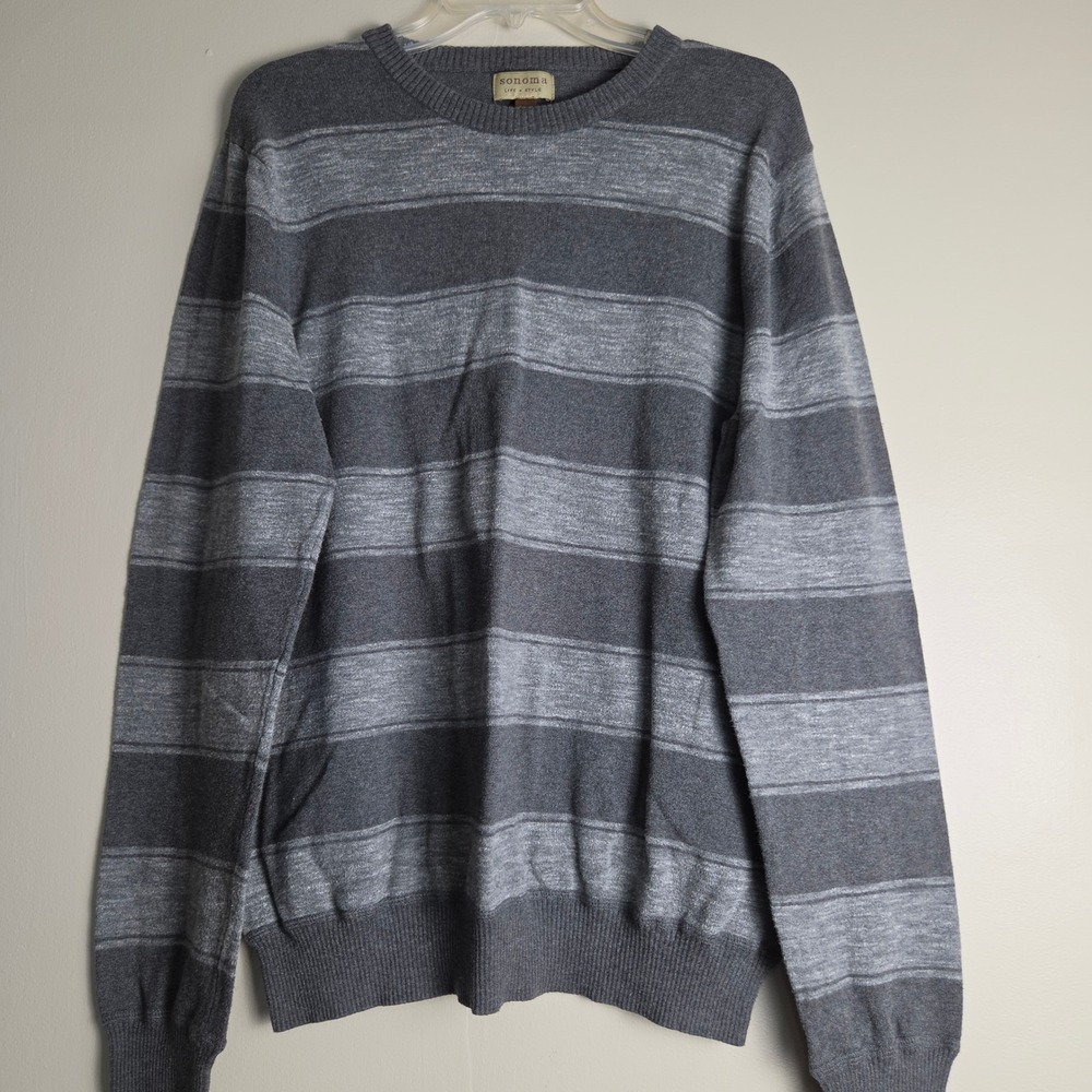 Sonoma Mens XL Gray Striped Crew Neck 100% Cotton Knit Pullover Sweater